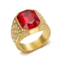 Close-up of a men's gold stainless steel ring with a large red rectangular zircon - Size 7 / Red
