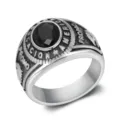 Vintage stainless steel ring with black gemstone and eagle engraving detail - Size 7 / Steel Black