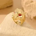 Bold golden stainless steel leopard head ring featuring striking red zircon stone eyes - Size 7 / Gold Red