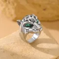 Vintage stainless steel leopard head ring with emerald green zircon eyes for men - Size 7 / Steel-Green