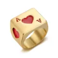 Macro view of the Ace of Hearts enamel detail on a gold-plated square signet ring. - Size 7 / Gold Red