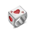 Close-up of Ace of Hearts poker design on square stainless steel signet ring - Size 7 / Steel Red