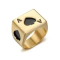 Close-up of a vintage golden stainless steel square ring with black Ace of Spades poker design - Size 7 / Gold Black