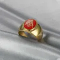 Macro view of gold Freemasonry ring with red enamel and square and compasses symbol - Size 7 / Gold Red