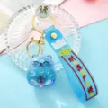 Blue quicksand lucky cat keychain acrylic oil filled car pendant couple key chain charm ornament - Blue