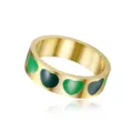 Detailed macro view of a gold stainless steel ring featuring elegant green heart enamel drips - Size 5 / Green