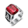 Close-up of men's Viking titanium steel ring with large red ruby gemstone - Size 7 / Viking Geometric Style (TR0239) / Silver/Red Zirconia