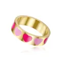Detail view of a gold titanium steel ring with pink heart patterns - Size 5 / Pink