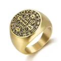 Detailed macro view of retro St. Benedict medal engraved on gold titanium steel ring - Size 7 / Gold