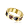 Close-up of the engraved heart patterns on a gold-plated stainless steel ring band. - Size 5 / Brown
