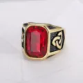 Detailed close-up of a men's Viking style ring featuring a large red gemstone center. - Size 7 / Viking Geometric Style (TR0239) / Gold Red Rhinestone