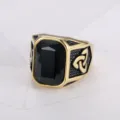 Close-up of men's Viking ring with large black rectangular stone and Celtic knot - Size 7 / Viking Geometric Style (TR0239) / Gold Black Stone