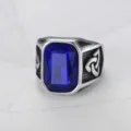 Detailed close-up of men's Viking ring with large blue gemstone and Celtic knot engraving - Size 7 / Viking Geometric Style (TR0239) / Silver Blue Zirconia
