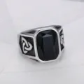 Detailed macro view of vintage titanium steel ring with black gemstone and Celtic knot - Size 7 / Viking Geometric Style (TR0239) / Silver Black Rhinestone