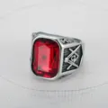 Vintage men's titanium steel ring with large red ruby simulant and Masonic symbol - US 7 (54.3mm) / Silver with Red Rhinestone