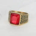 Detailed macro view of vintage men's titanium steel ring with square red gemstone - Size 7 / Red