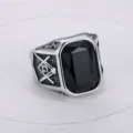 Close-up detail of a titanium steel Freemason signet ring featuring a large black gemstone - Size 7 / Black Rhinestone