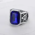 Men's stainless steel ring with large blue gemstone and Freemasonry square and compass design. - US 7 (54.3mm) / Silver Blue Rhinestone