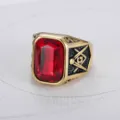Detailed close-up of a gold Masonic ring with a large rectangular red ruby stone. - US 7 (54.3mm) / Gold with Red Rhinestones