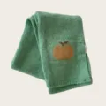 Close-up of green knitted scarf featuring cute embroidered apple detail, soft cozy texture. - Light Green