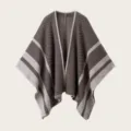 Striped knit poncho cape detail view, soft cozy fabric texture, elegant open front outerwear. - Tops / 165cm / Brown
