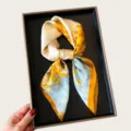 Silk scarf for women, small square neckerchief, elegant abstract art print, thin satin. - Yellow Blue Smudge Art Style (BO-6#) / 70x70cm