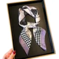 Stylish small square silk scarf with houndstooth and floral pattern for women neck wear. - Purple Houndstooth Floral Style (BO-8#) / 70x70cm
