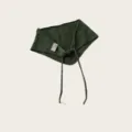 Detailed view of the dark green striped knitted triangle headscarf with ties and small label. - Green