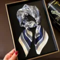Elegant blue and white silk square scarf French pastoral landscape neckerchief for women - Blue White Scenic Print Style (BO-2#) / 70x70cm