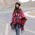 Poncho in maglia da donna stile bohémien rosso blu stampa geometrica scialle viaggio - Stile Doppio Rombo (LM264) / Rosso