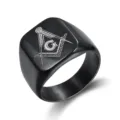 Detailed view of black stainless steel Freemason signet ring with engraved G symbol - 7 / Black