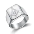 Macro view of vintage Masonic signet ring with engraved square and compass symbol - 7 / Steel