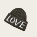 Dark grey knit beanie hat featuring a bold white LOVE letter design on the folded brim. - One Size / Forest Dark Green