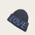 Dark gray knit beanie with blue LOVE letters, cozy winter warm pull-on fashion cap for women. - One Size / Blue-Rock Grey