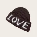 Bonnet tricoté style coréen avec broderie lettre amour blanche, bonnet chaud d'hiver douillet. - Taille unique / Café
