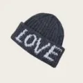 Detailed view of dark gray knit beanie with white LOVE letters, warm autumn winter fashion hat - One Size / White Rock Grey