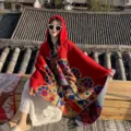 Mantella con cappuccio boho rossa scialle motivo floreale etnico vintage viaggio poncho - Robe-Stampa Mare di Fiori (LM286) / Rosso