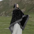 Mantella con cappuccio boho stile etnico foto di viaggio scialle nero bianco donna - Robe con Stampa Cielo Stellato (LM315) / Nero