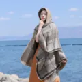 Donna Cappuccio Quadri Scialle Bohemien Etnico Mantello Viaggio Esterno Caldo Cappotto - Robe Spessa a Quadri (LM0298) / Grigio Cammello