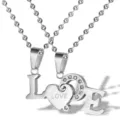 Couple heart puzzle necklace in titanium steel with rhinestone LOVE pendant detail - Silver Color Pendant With Chain