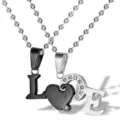 Titanium steel heart puzzle couple necklace with LOVE engraving and crystals - Black Pendant With Chain