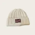 Off-white knit beanie with brown brand patch, casual winter warm woolen hat for women. - One Size / Almond White