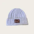 Retro grey knit beanie for women, warm winter slouchy cap with stylish brand patch cuff. - One Size / Purple