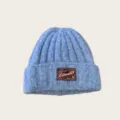 Light blue thick knit beanie hat for women winter warm wool ski cap with patch detail. - One Size / Blue