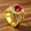 Close-up detail of luxury men's ring with red gemstone and vintage gold engraving - Size 8 / Red