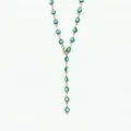 Stainless steel green evil eye Y necklace detail, gold tone chain link closeup, fashion jewelry. - Steel / Dark Green