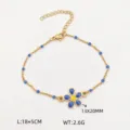 Gold stainless steel flower bracelet with blue beads beach vacation jewelry for women gifts - Drip Oil Flower Style / Gold