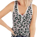 Detailed view of women's leopard print tank top with V-neck and white ribbed trim - S / Leopard 1