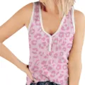 Close-up of pink leopard print V-neck tank top with white ribbed trim and knit texture. - S / Leopard 2
