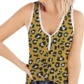 Close-up of ladies leopard print sleeveless tank top with V-neck and white ribbed trim - Leopard 3